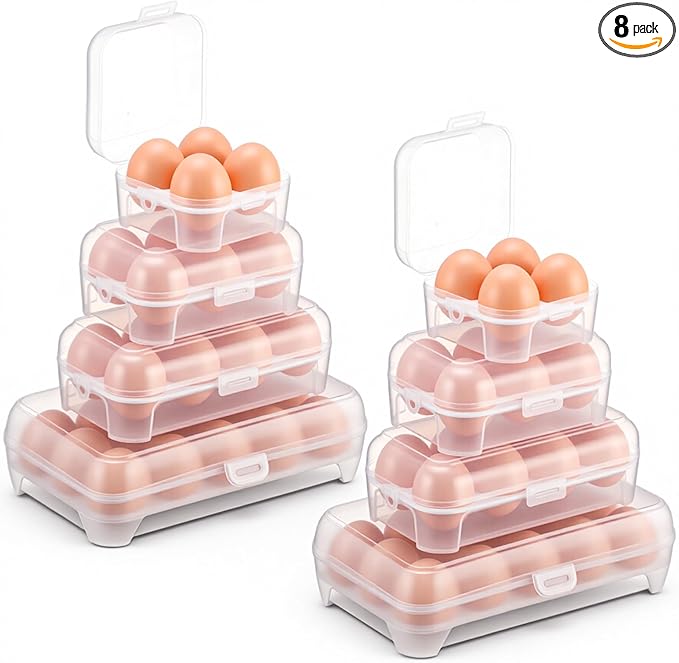 8 Pack Grid Egg Holder (4 Size: 15+8+6+4, Total 66 Eggs) Plastic Clear Grid Egg Container Keeper Storage Organizer Carrier for Refrigerator Camping Picnic Travel Kitchen Outdoor