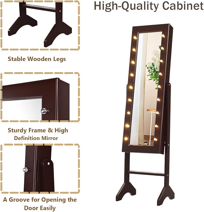 Giantex Standing Jewelry Armoire with 18 LED Lights Around the Door, Large Storage Mirrored Jewelry Cabinet with Full Length Mirror, 16 Lipstick Holders, 1 Inside Makeup Mirror (Brown)