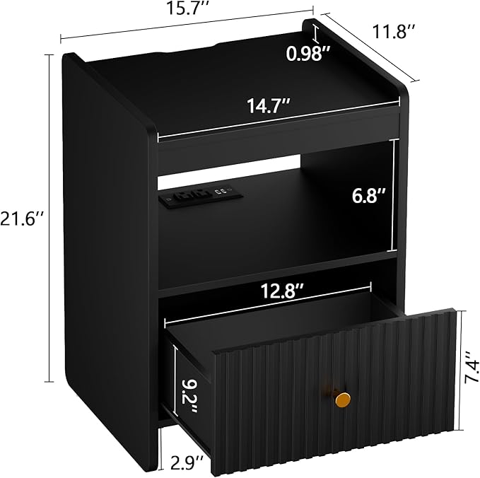 HIFYOBRO 21.6" Tall Fluted Nightstand, End Table with Charging Station and LED Light, Modern End Side Table with Drawer (Black)