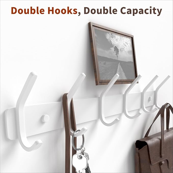 Coat Rack Wall Mount Hooks - 15 Inch Matte White Metal 6-Hook Organizer Wall Mounted, Modern Kids Room, Entryway & Bathroom Hanger for Beach Towels, Coats, Purses, Bags (2 Pack)