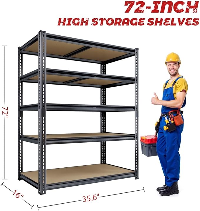 72" H Storage Shelves with Reinforced,2000LBS Garage Shelving,Adjustable Metal Shelving Unit,Garage Shelve Heavy Duty for Basement, Warehouse, Kitchen,35.6" W × 16" D × 72" H, Black