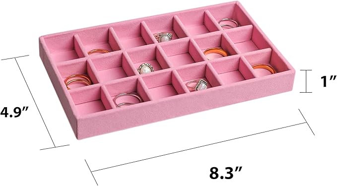Frebeauty Jewelry Organizer Tray,Stackable Velvet Jewelry Trays,Drawer Inserts Earring Organizer For Women Jewelry Storage Display Case for Rings Stud Necklaces,Set of 4(Pink)
