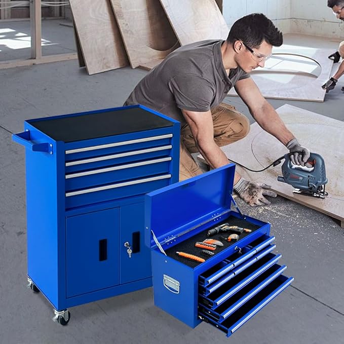 13-Drawer Double Doors Handle Rolling Tool Chest, 2 in 1 Detachable Rolling Tool Chests, Large Tool Boxes with Lock, Metal Standing Tool Cabinet for Garage Workshop(Blue)