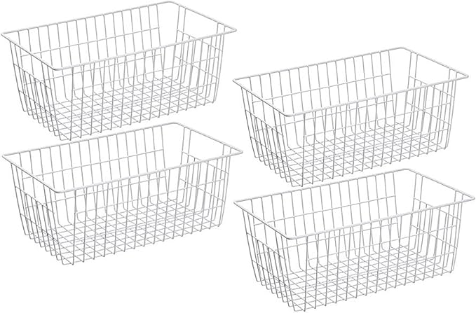 Wire Storage Basket Freezer Organizer Bins Food Storage Metal Baskets with Handles Pantry Organizer for Kitchen Freezer Cabinets Closet Bedroom Bathroom,Set of 4,White
