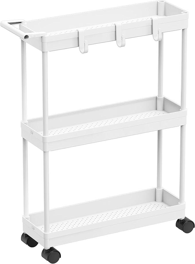 Simple Houseware 3-Tier Slim/Narrow Storage Cart with Handle, 5.5'' Wide x 26.5'' Height Rolling Organizer for Kitchen, Bathroom, Laundry Room - White