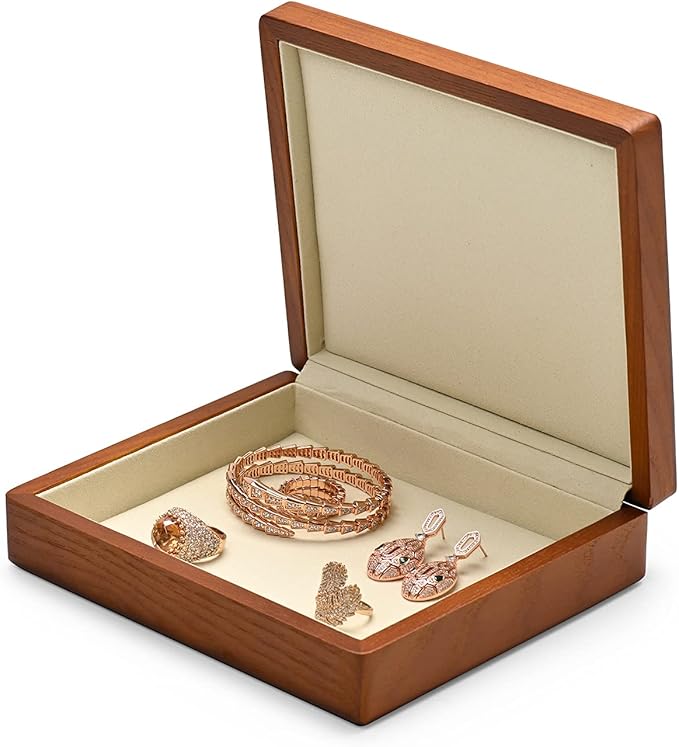 Oirlv Solid Wood Ring Jewelry Box Organizer Earrings Jewelry Drawer Organizer Tray with Lid (Creamy-white Flat Box)