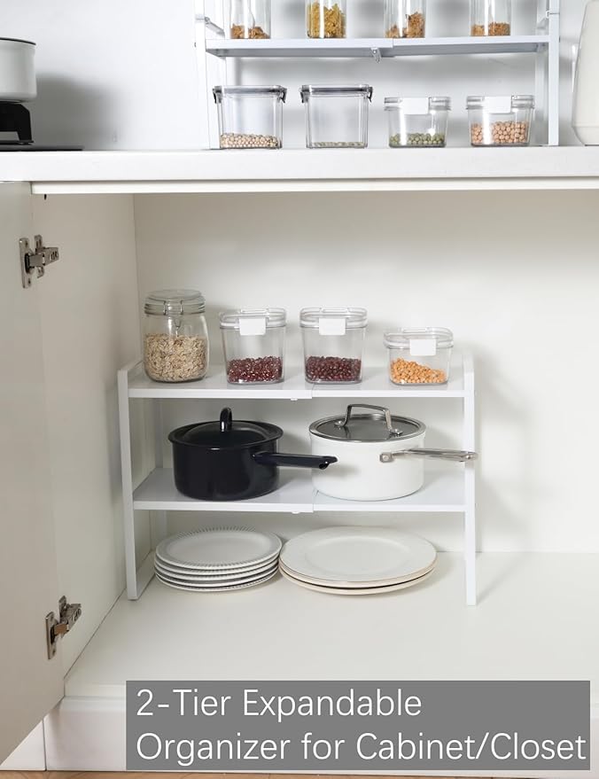 2-Tier Expandable Organizer Shelf for Kitchen Cabinet, Countertop, Pantry & Under-Sink Storage(white)