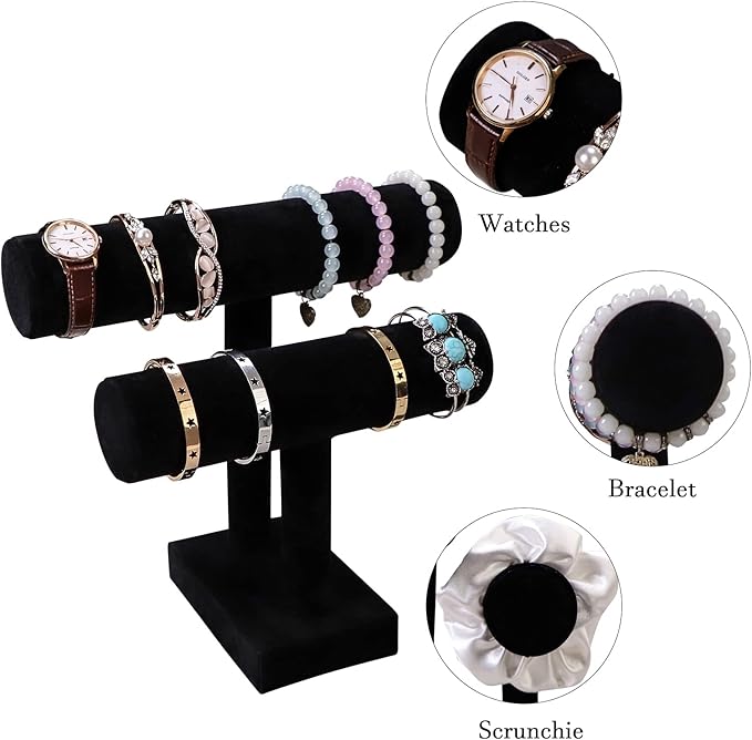 Wudygirl Velvet Bracelet Holder2 Tie Jewelry Stand Jewelry Holder Organizer for Bracelets Watches Necklaces Gift for Girl Women（Black 2 Tie）