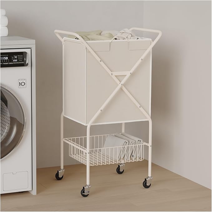 Laundry Basket with Wheels:88L Rolling Laundry Cart Foldable Metal Frame Dirty Clothes Laundry Hamper 36"H 4 Caster 2 Brake Waterproof Removable Liner Carry Handle for Dorm Laundry Room,Cream