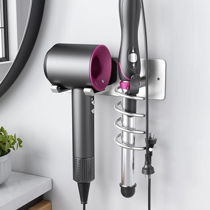 Tindbea Hair Dryer Holder + Curling Iron Holder,Blow Dryer Holder Wall Mount, Bathroom Hair Tool Organizer Rack for Universal Dryer Silver Color