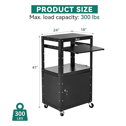 YITAHOME Rolling AV Cart with Wheels & Locking Cabinet, Keyboard Tray & 16.4ft Extra-Long Power Cord, Mobile Presentation Media Cart for Computer Laptop Printer Projector, Black