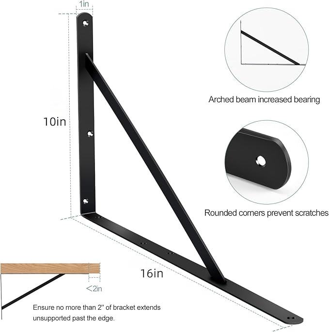 12 Pack L16 x H 10" Black Heavy Duty Shelf Brackets with Screws Metal Shelf Brackets Shelf Support Angle Brackets for Shelves L Brackets Heavy Duty Floating Shelf