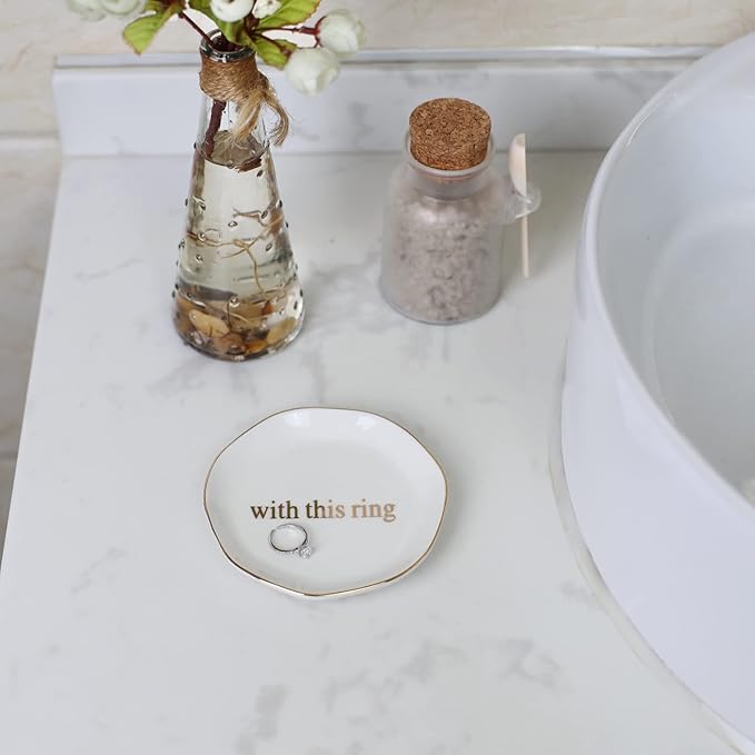 Engagement Wedding Ring Dish-With This Ring Jewelry Dish Tray-Gifts for Bride, Bride to be, Newlyweds, Ceramic White