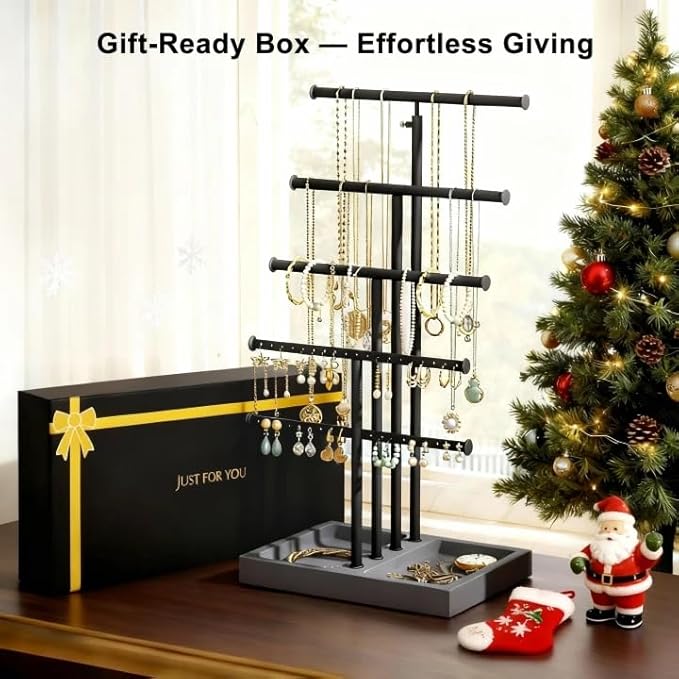 Love-KANKEI Jewelry Organizer Stand, 5 Tier Large Necklace Holder with Wood Base, Jewelry holder stand Tree for Display, Bracelets Earrings Rings, Height Adjustable Gift Weathered Grey