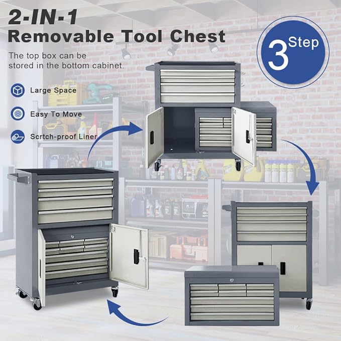 Tool Chest 13-Drawer with Double Door Handle,2 in 1 Detachable Rolling Tool Chests with Wheels and Drawers,Large Tool Box with Lock for Warehouse,Garage (Gray)