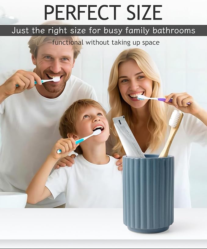 Toothbrush Holder, Tooth Brush Holder for Bathroom - Ceramic Toothbrush Cup Toothbrush Holders Countertop, Stripe Design Makeup Brush Holder Pen Holder, ANTIS'S HOME (Blue)