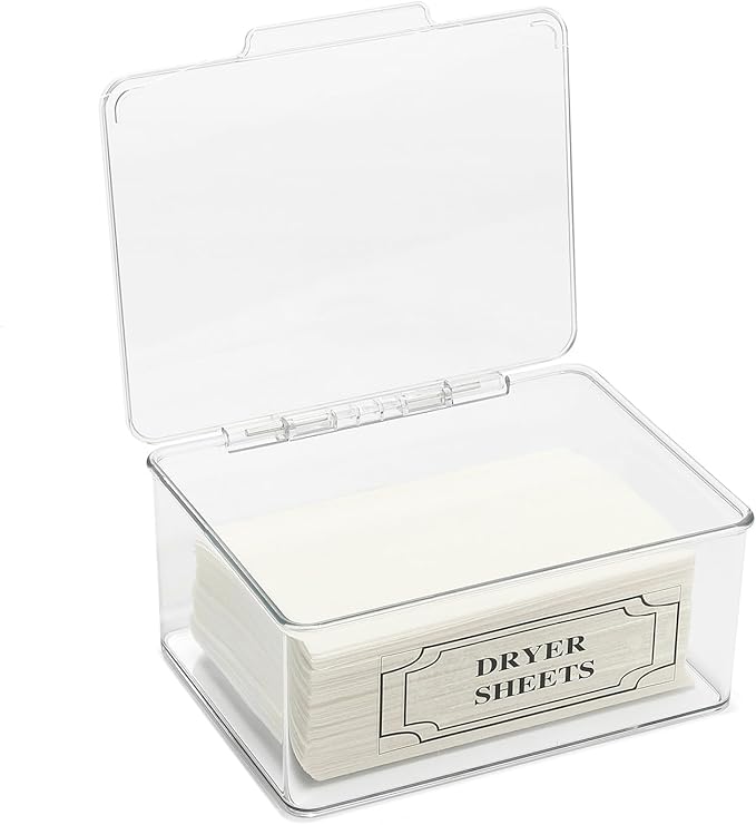 SSTATES Clear Acrylic Dryer Sheets Holder, Flip-top Laundry Pods Container with 2 Label Decals for Laundry Room Organization and Décor, Stackable Storage Box (1 Pc)