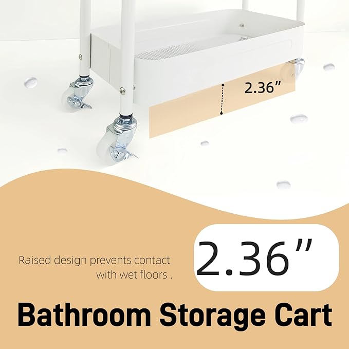 3 Tier Narrow Rolling Storage Cart for Laundry Room Bathroom Kitchen, 7.1'' Slim Utility Cart with Wheels and Lockable Casters Standing Shelf for Small Space & Between Washer and Dryer, White
