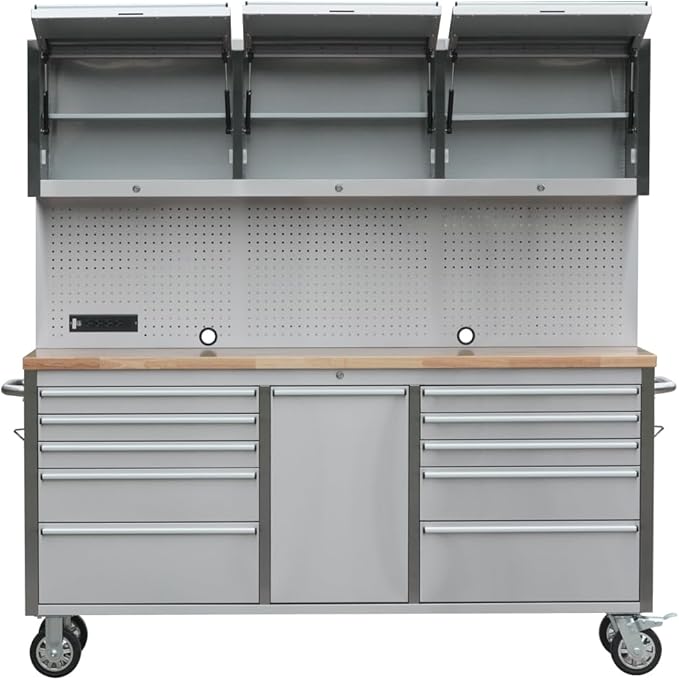72" Stainless Steel Rolling Tool Chest with 11 Drawers + 3 Upper Cabinets, Large Lockable Storage Cabinet, Mobile Workbench with Wheels for Garage Workshop (1 × HTC7214W1)