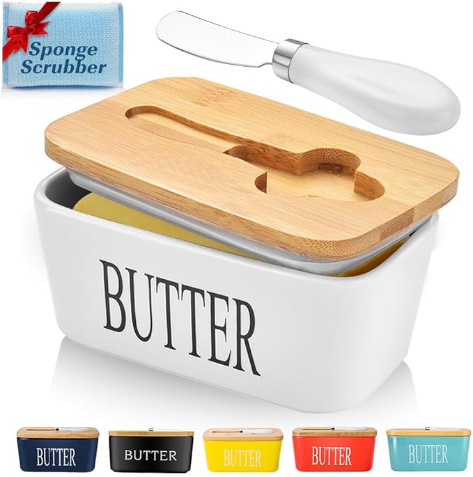 Butter Dish with Lid, Large Butter Container for Countertop, Ceramic Butter Holder for Counter, Butter Tray Butter Keeper with Knife and Sponge Scrubber, Perfect for 2 Sticks of Butter, White