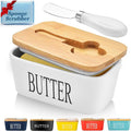 Butter Dish with Lid, Large Butter Container for Countertop, Ceramic Butter Holder for Counter, Butter Tray Butter Keeper with Knife and Sponge Scrubber, Perfect for 2 Sticks of Butter, White