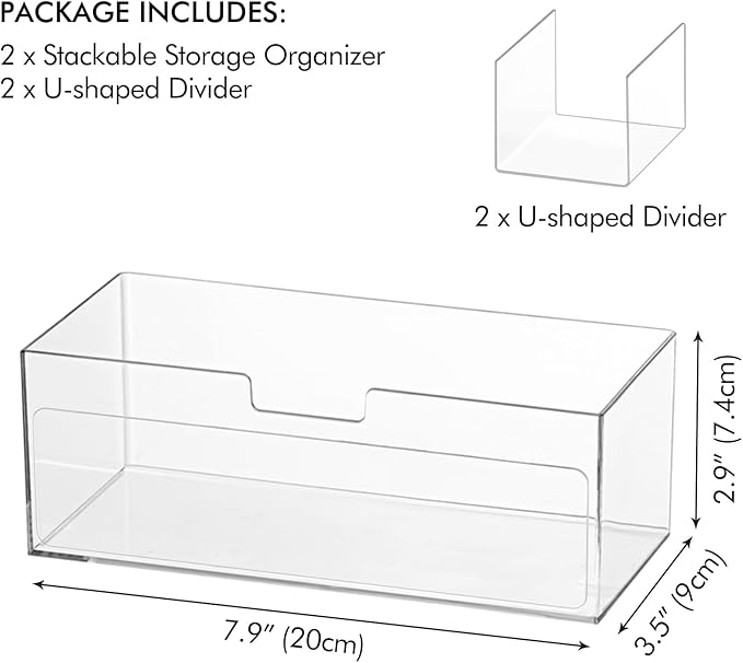 Poeland 2 Pack Makeup Organizer, Stackable Storage Organizer with U-shaped Removable Divider, Clear Storage Box for Medicine Cabinet, Closet, Bathroom, Counter