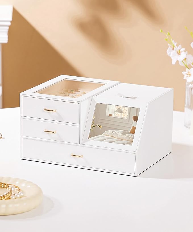 Homde Women Mirror Jewelry Box: Organizer Case with Clear Lid for Ring Necklace Earring - Christmas Gift for Young Women (White)