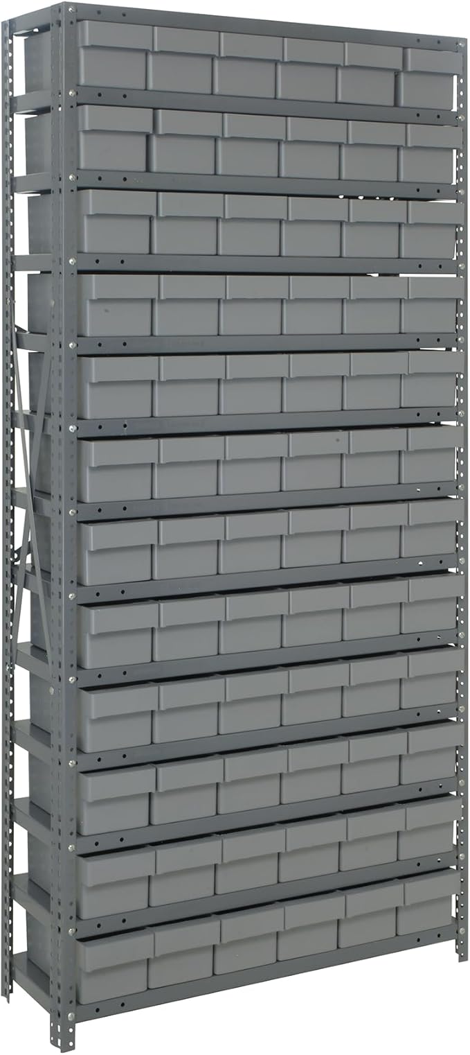 Quantum Storage Systems 1875-602GY Solid Heavy Duty 13 Shelves 72 Super Tuff Euro Gray Bins 75" H x 36" W x 18" D