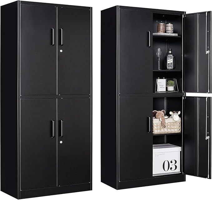 Metal Storage Cabinet with 3 Adjustable Shelves and 4 Doors,71" Garage Storage Cabinet with Lock,Black Metal Cabinets with Locking Doors,Steel Tool Cabinets,Lockable Cupboard for Home,Office,Garage