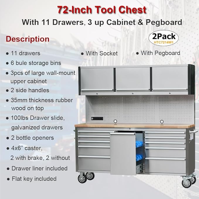 2 Pack - 72" Stainless Steel Rolling Tool Chest with 11 Drawers + 3 Upper Cabinets, Large Lockable Storage Cabinet, Mobile Workbench with Wheels for Garage Workshop (2 × HTC7214W1)