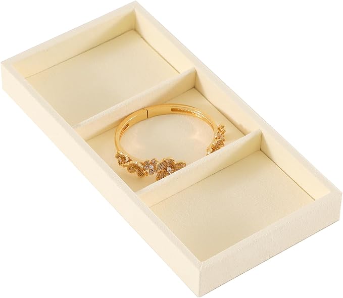 Dark Blue Jewelry Display Tray Ring Necklace Earring Bangle Organizer Multifunctional Storage Case for Jewelry Showcase (Long 3 Grids Tray(beige))