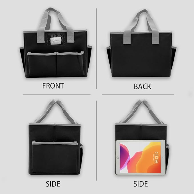 Cupohus Extra Large Art Organizer Craft Storage Tote Bag with Pockets and Hadles, Oxford Fabric Carrying Caddy for Teacher, Officer, Artist, Students, Traveler, and more – Black with Grey Edge