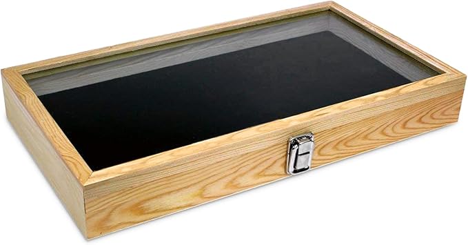 MOOCA Wooden Jewelry Display Case, Jewelry Organizer Case with Tempered Glass Top Lid & Removable Black Luxurious MDF Velvet Jewelry Display Pad, Natural Wood Colo