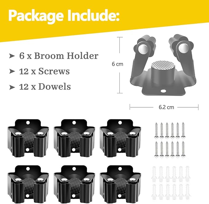 Verdenu 6 Pack Broom Holder, Stainless Steel Command Broom Holder with Screws, Garden Tool Rack for Kitchen, Home, Bathroom, Garage Storage, Black