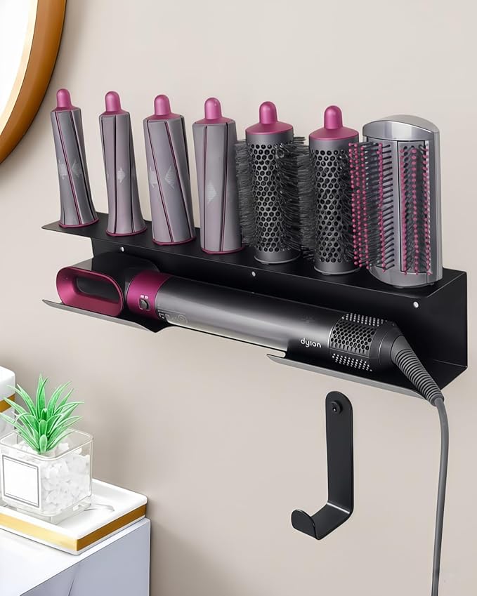 Curling Iron Holder, Flat Iron Holder Wall Mount, Stainless Steel Hair Tool Organizer Compatible with Dyson, Self-Adhesive Flat Iron Holdert for Bathroom,Black BANJEKT