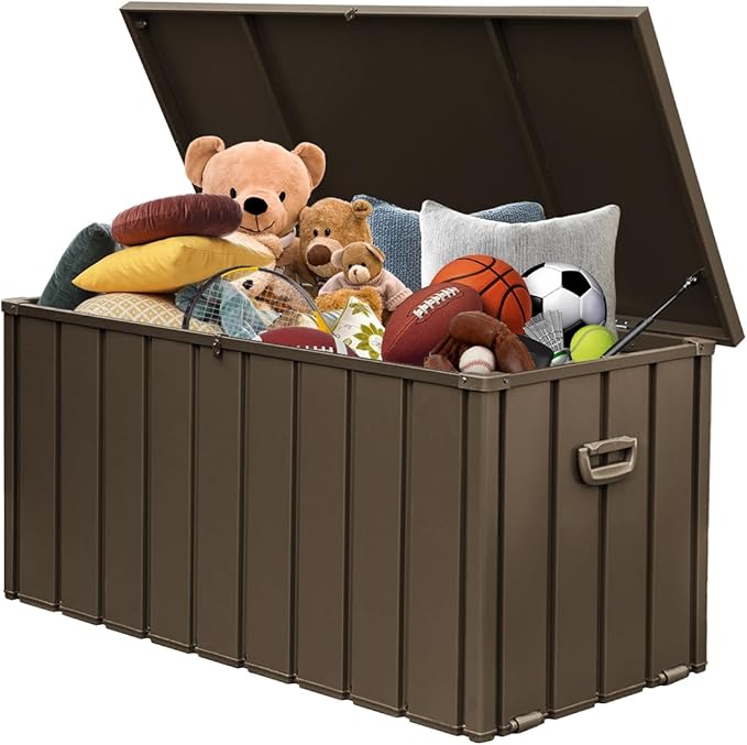 Domi 100 Gallon Metal Deck Box Waterproof, Outdoor Storage Box with Lock Wheels Side Handles Outside Storage Box for Patio Cushions, Shoes & Pool Tools