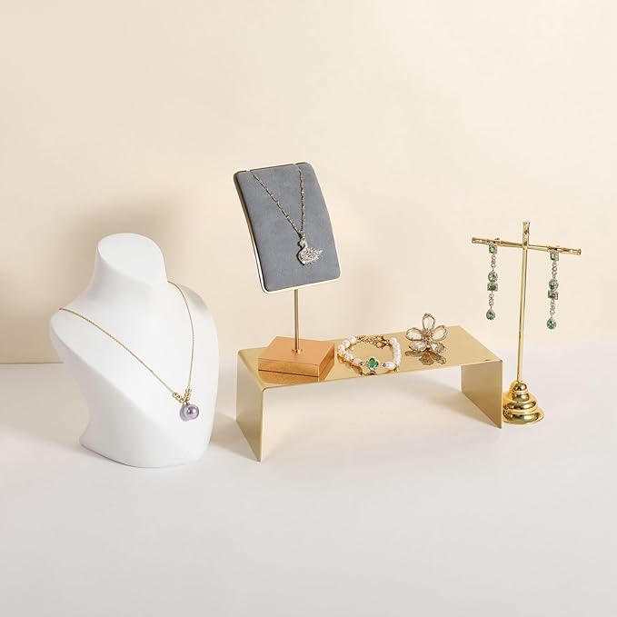 GemeShou Grey velvet necklace display stands for selling, small metal jewelry organizer necklaces storage for show【Grey】