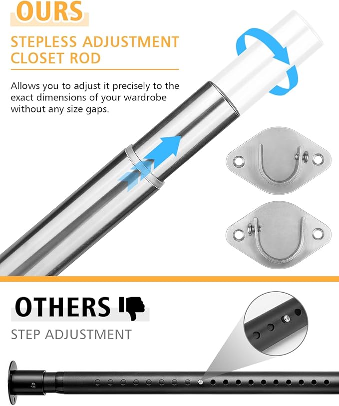 Closet Rod, 17 to 39 Inch Heavy Duty Adjustable Metal Clothing Rack for Hanging Clothes, Closet Poles for Wardrobes, Laundry, Durable Steel, Silver