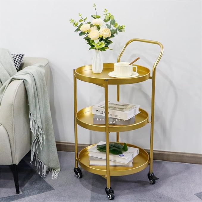 TRIROCKS 18 * 31" H Round Gold 3-Tier Rolling Bar Cart with Wheels Elegant Metal Frame Serving Cart for Kitchen, Dining Room, or Living Room Display and Storage