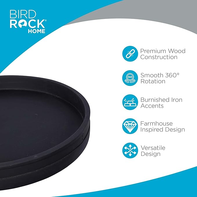 BIRDROCK HOME Wooden Lazy Susan Turntable - Spice Rack Organizer for Kitchen Table, Dining, Pantry and Countertop - Rotating Tray for Condiments - with Burnished Iron Accents - 18" Large, Matte Black