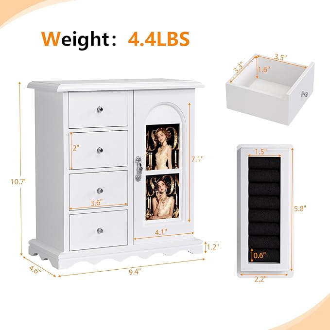 Bonnlo Small Jewelry Box Organizer with Photo Frame Door & Velvet Ring Holder, French Style Jewelry Storage Case with Rotating Necklace Hooks & Drawers, White,9.5" W*4.75" D*10.75" H