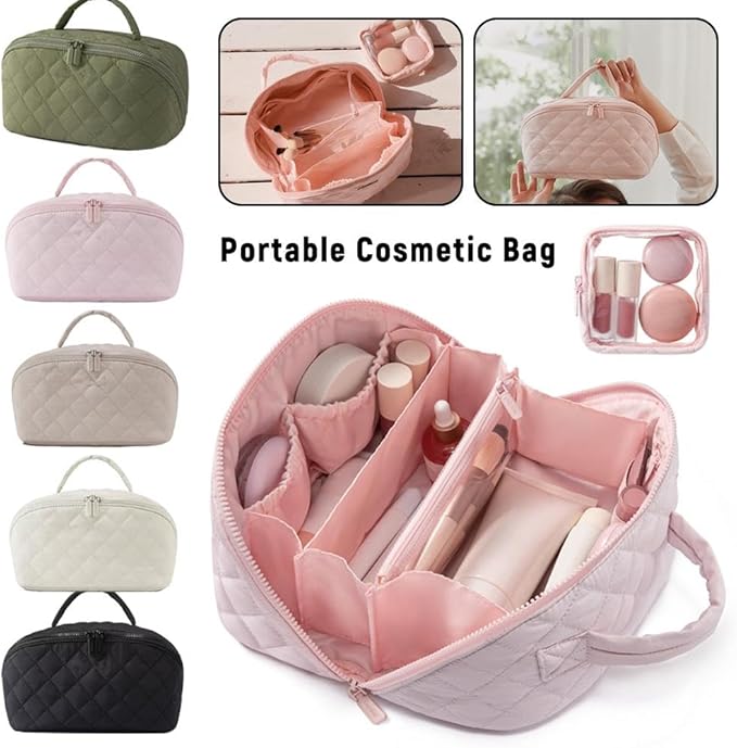 2026 Travel Makeup Bag for Women – 180° Lay-Flat Puffy Cosmetic Organizer with 5 Compartments, Water-Resistant & Machine Washable Makeup Case,Puffy Padded Organizer for Toiletries,Ideal Gifts for Her