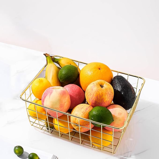 4 Pack Gold Wire Baskets for Organizing Office Wire Storage Basket Gold Metal Storage Baskets for Kitchen Cabinets, Bathroom, Countertop