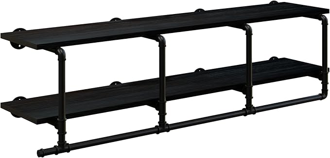 Wall Mounted Clothes Rack 12 Inch Deep, 60 Inch Heavy Duty Garment Rack with Real Black Wood Shelf, Multi-Purpose Hanging Rod & Space-Saving Closet Storage Organizer