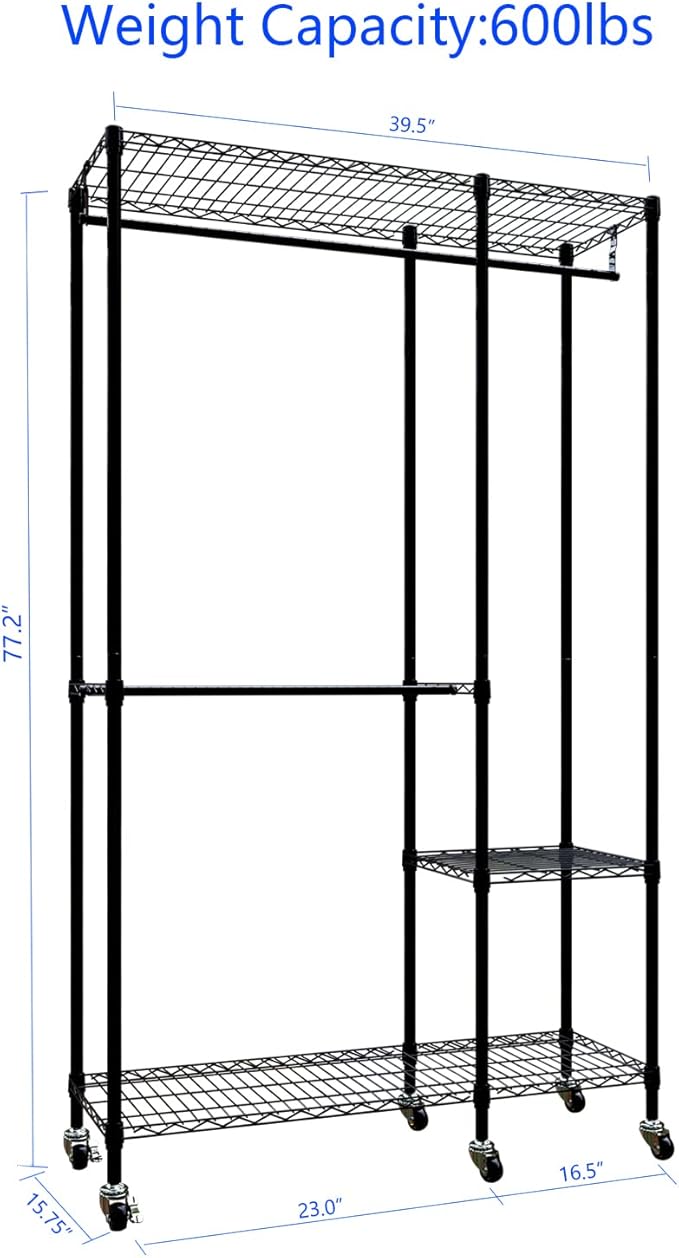 Portable Closets Heavy Duty Garment Rack Adjustable Rolling Clothes Rack with Lockable Wheels, Metal Wire Clothing Rack,Freestanding Open Wardrobe Closet Storage Rack,Max Load 600LBS, Black