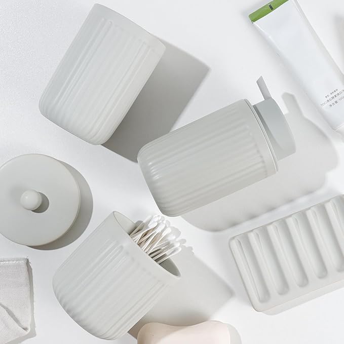 BosilunLife Light Grey Bathroom Accessories Set - Ceramic Bathroom Counter Soap Set Bathroom Decor Sets Accessories Bathroom Foam Soap Dispenser and Toothbrush Holder Set, Soap Dish, Apothecary Jars
