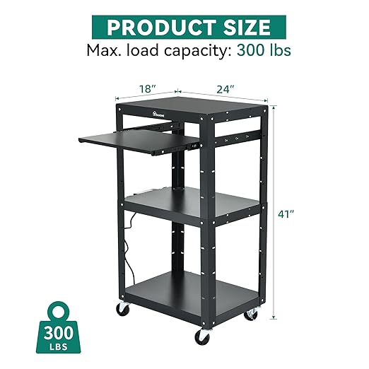 YITAHOME AV Cart on Wheels, 3-Shelf Metal Presentation Utility Cart with Keyboard Tray and Power 16.4ft Extra-Long Cord, Rolling Storage Cart with Adjustable Shelves for Offices, Warehouses, Black