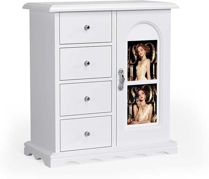 Bonnlo Small Jewelry Box Organizer with Photo Frame Door & Velvet Ring Holder, French Style Jewelry Storage Case with Rotating Necklace Hooks & Drawers, White,9.5" W*4.75" D*10.75" H