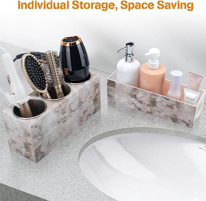 Marble Hair Tool Organizer - Bathroom Vanity Storage for Hot Tools, Hair Dryer, Curling Iron, Flat Iron & Straightener