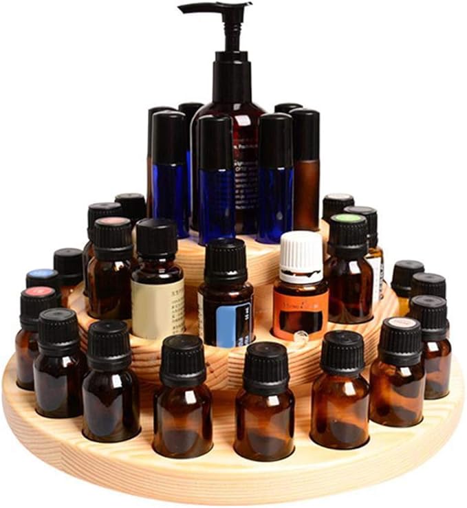 Hapivida Wooden Essential Oil Display Stand, 3-Tier 39 Slots Essential Oil Storage Box Round Rotating Case Holder Organizer Tray Essential Oil Bottle Holder Diffuser Holder Turntable